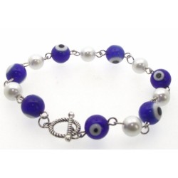 Dark Blue Lampwork Evil Eye and Faux Pearl Bead Bracelet